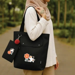 Trendy Top Handle Tote DTF Canvas Bag, Black Color Canvas Fabric and Shopping Bag / College / University Bag, Tote Bag, Canvas Bag with DTF Pouch/Pencil Bag/Cosmetic Bag.